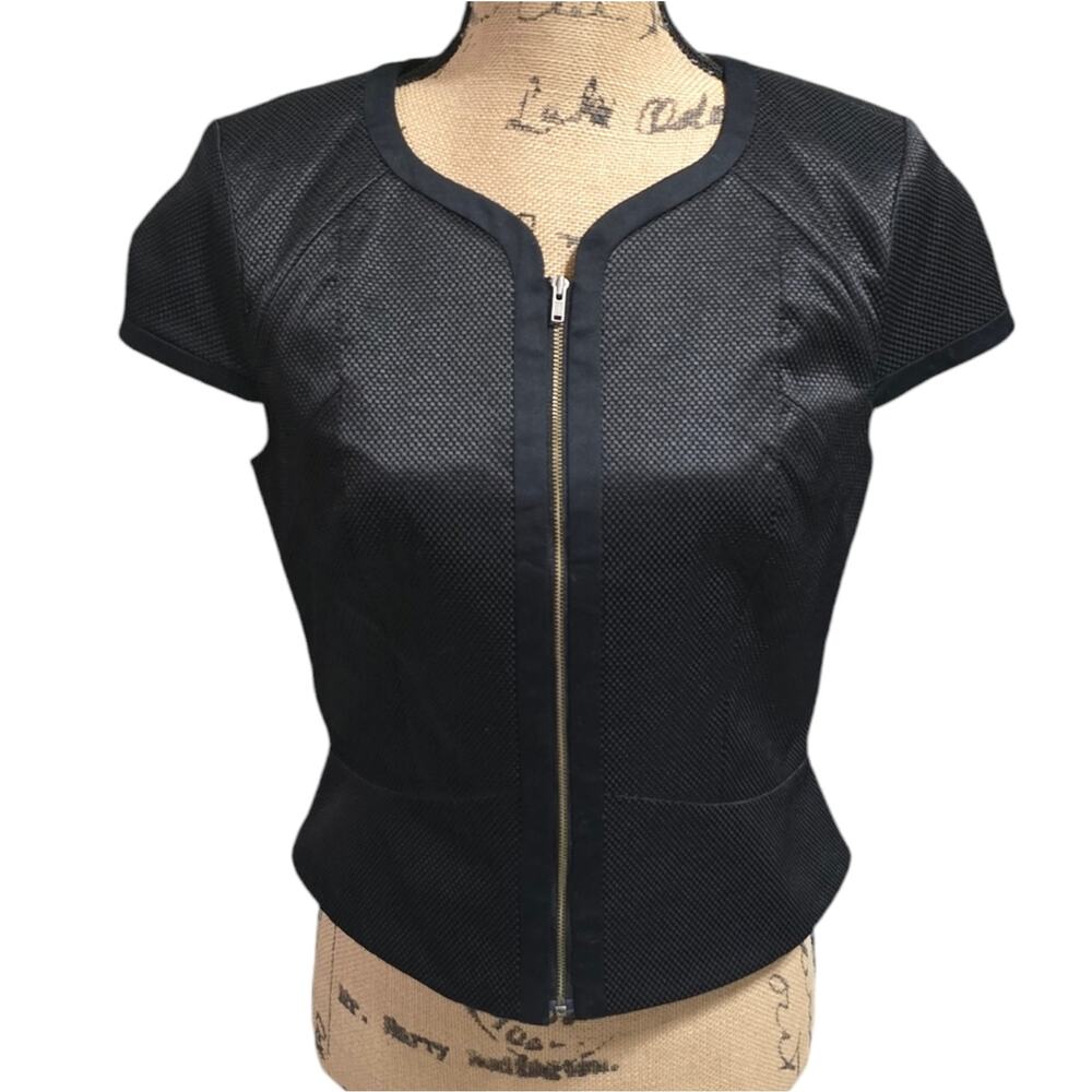 Basque Womens Black Textured Short Sleeve Full Zip Jacket Size 10 884444/21R4601